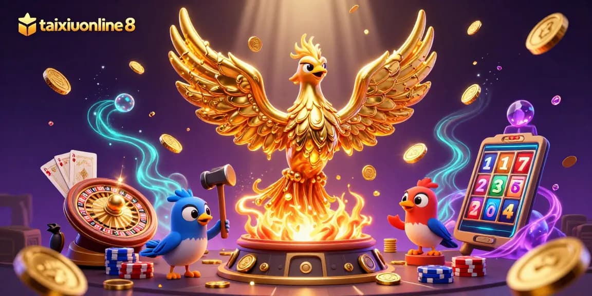 Experience thrilling wins with taixiuonline8 in this dynamic 3D casino illustration featuring vibrant game elements.