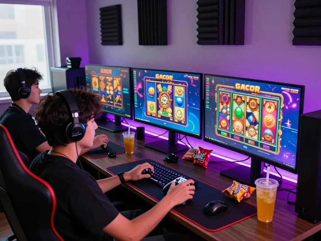 Engaging online gaming setup showcasing slot gacor games on monitors for immersive experience.