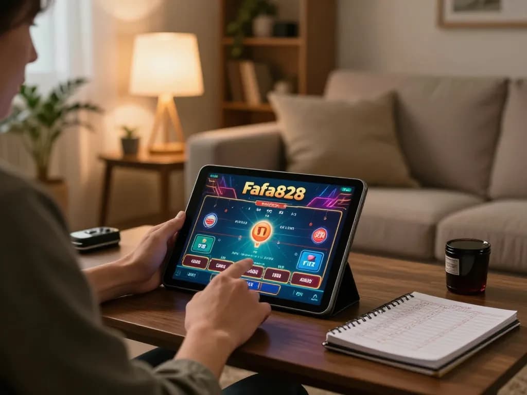 Play online slots at FAFA828 on a tablet in a cozy home setting, showing strategic gaming.