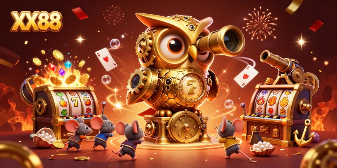 Experience the excitement at XX88 with a vibrant casino scene featuring golden owls and slot machines.