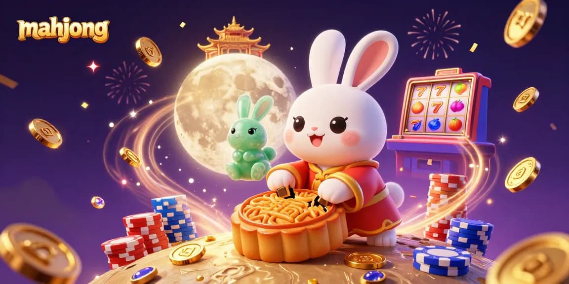 Experience mahjong excitement with a 3D illustration of rabbits, slots, and casino elements.