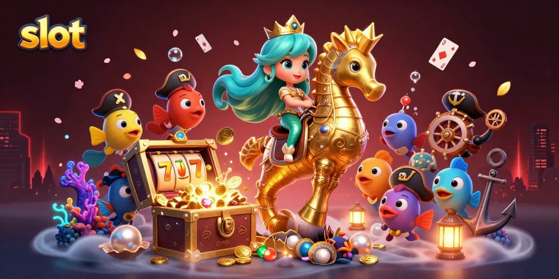 Slot menarik dengan putaran keberuntungan, putri duyung dan ikan ceria dalam suasana kasino.