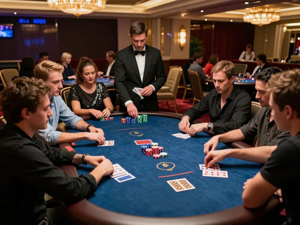 Engaged players strategize at a lively btopcshop poker table in an upscale casino setting.