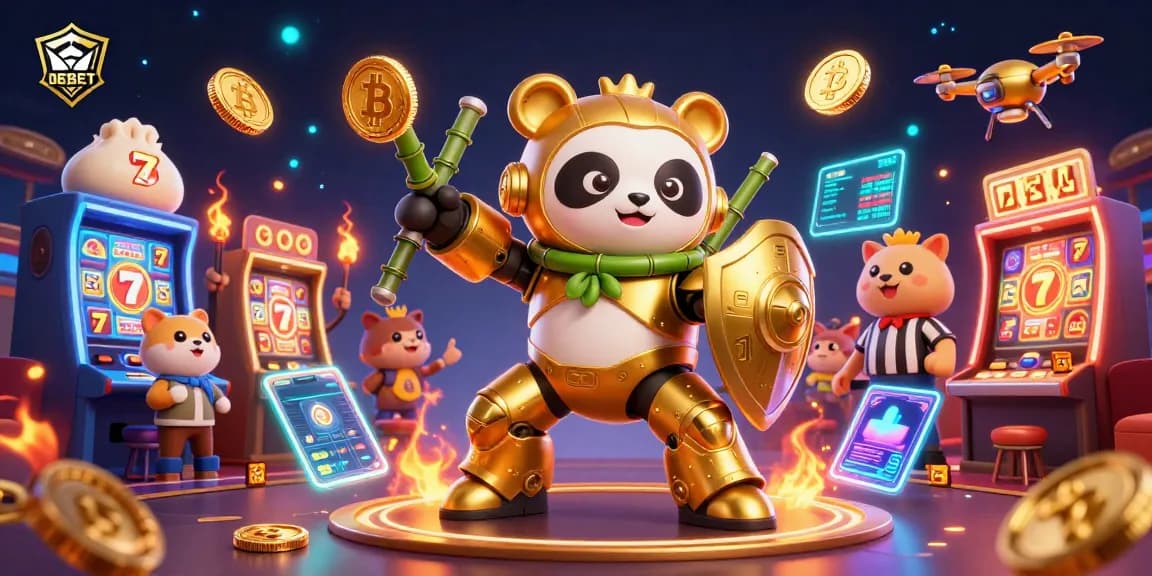 Engage with DEBET's exciting slot and casino scene featuring a golden panda robot and vibrant game elements.
