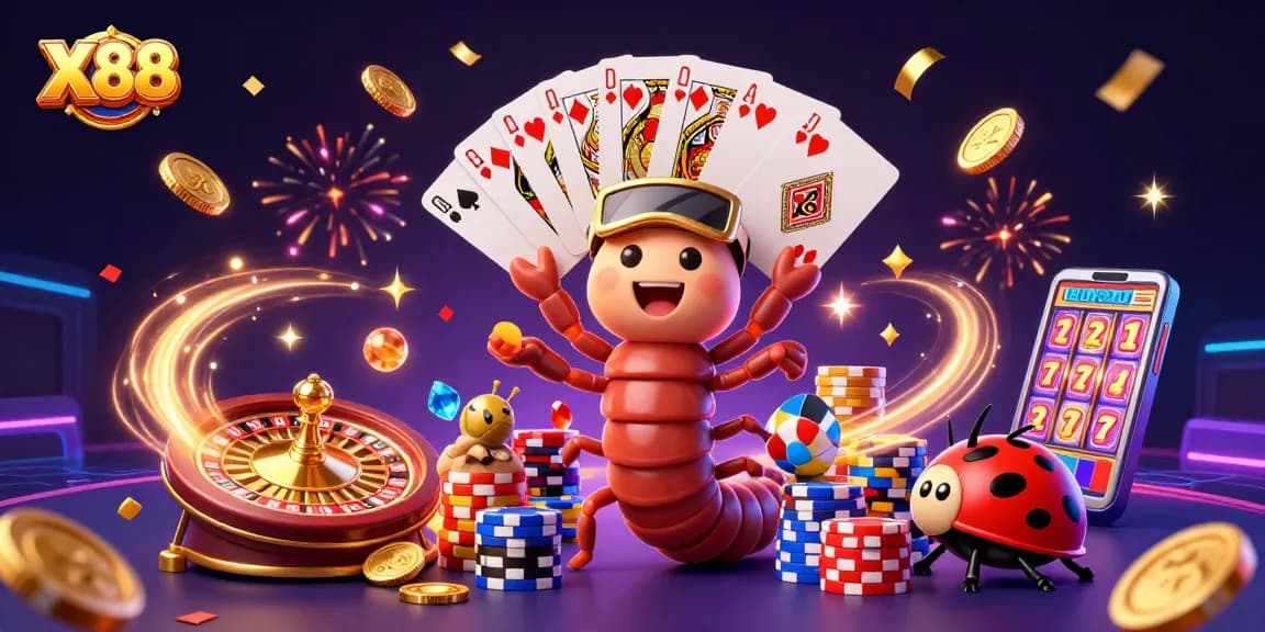 X88 interactive casino scene featuring a unique millipede dealer, vibrant poker chips, and sparkling coins.