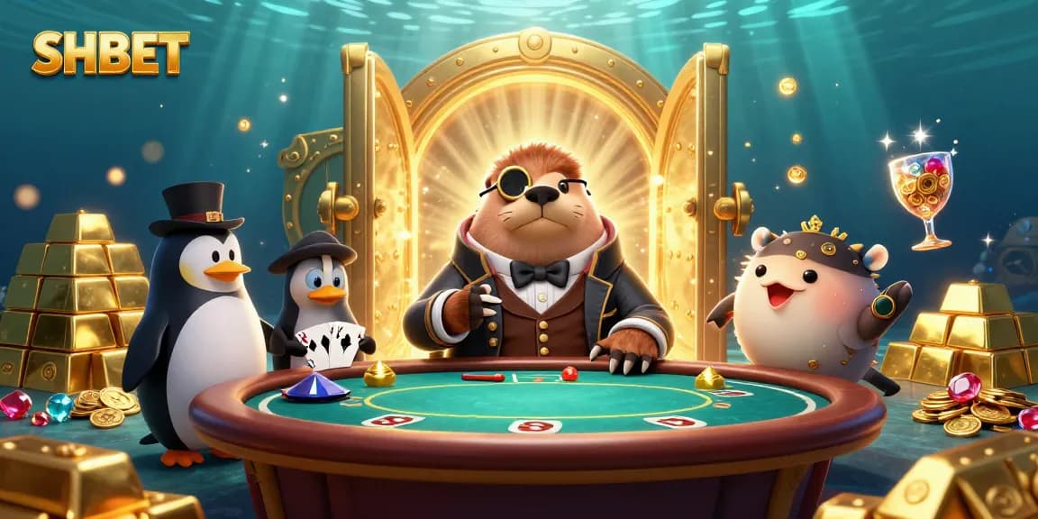 Play at SHBET with a jolly walrus and friends, surrounded by treasure and poker excitement.