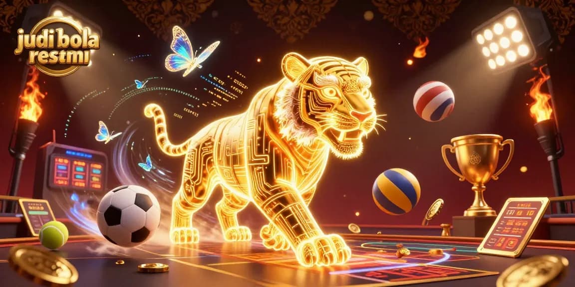 Experience thrilling judi bola resmi betting with dynamic sports elements and a golden tiger in a vibrant casino.