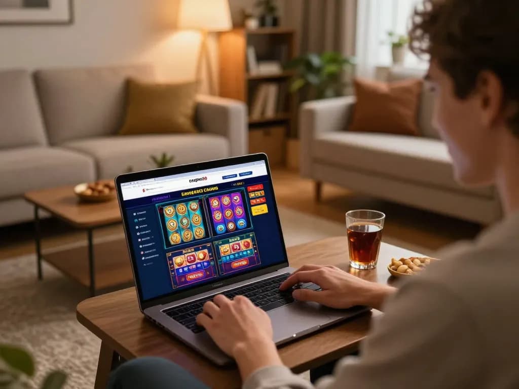 Pemain berinteraksi dengan kasino online empire99 di laptop dalam suasana rumah yang nyaman