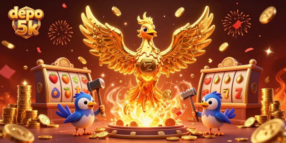 Experience the thrill of depo 5k with dynamic 3D illustration featuring a molten phoenix and vibrant slot symbols.