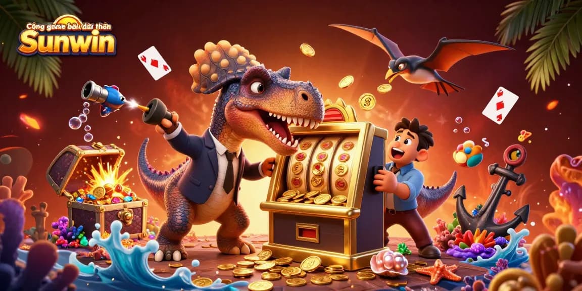 Cổng game bài đổi thưởng Sunwin showcases a vibrant 3D scene with dynamic gambling elements and cartoon characters.