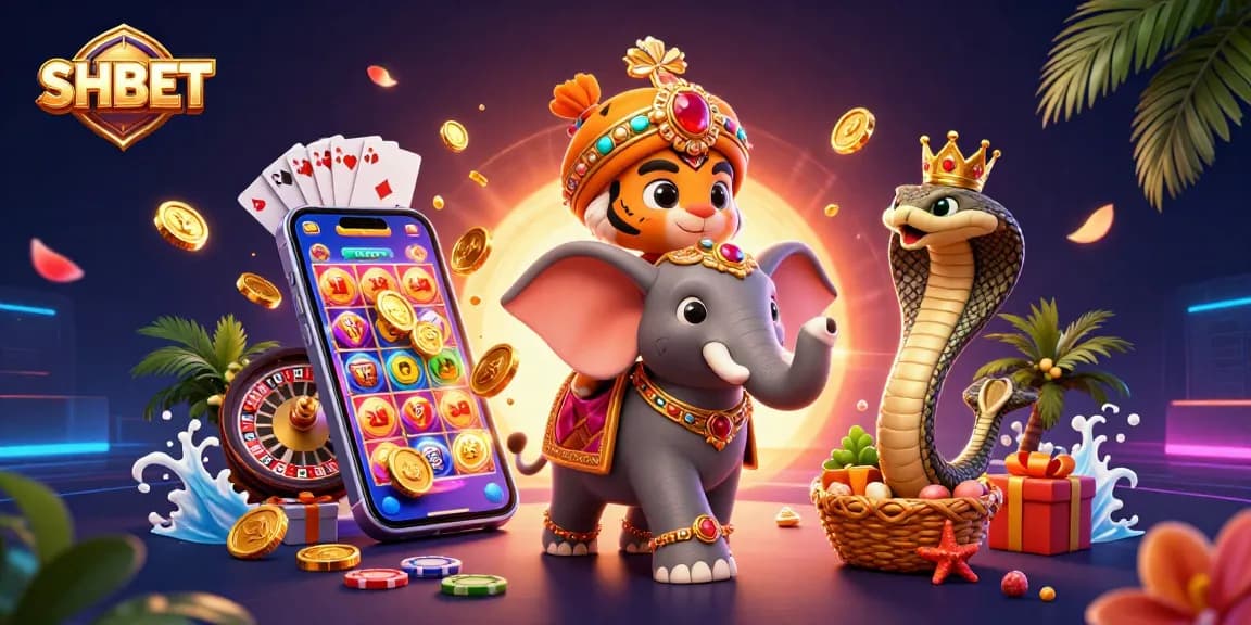Experience SHBET with a vibrant 3D scene showcasing an elephant, tiger, and gaming elements for top-tier gambling.