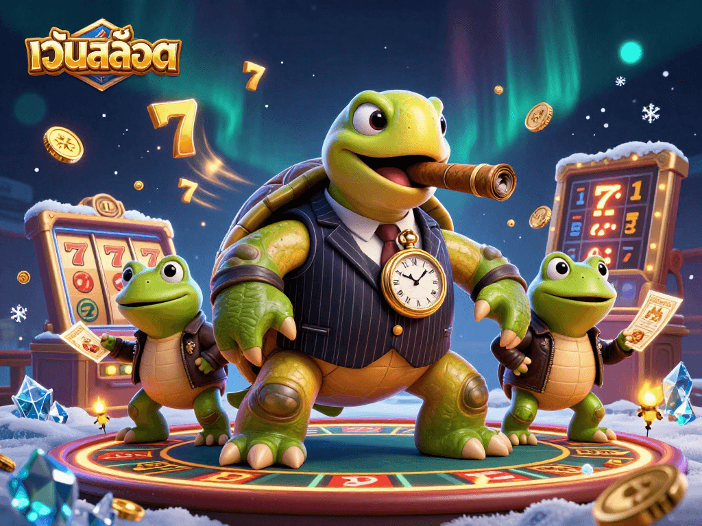Spin the reels at เว็บสล็อต with a lively illustration of a turtle and bullfrogs amidst vibrant casino action.