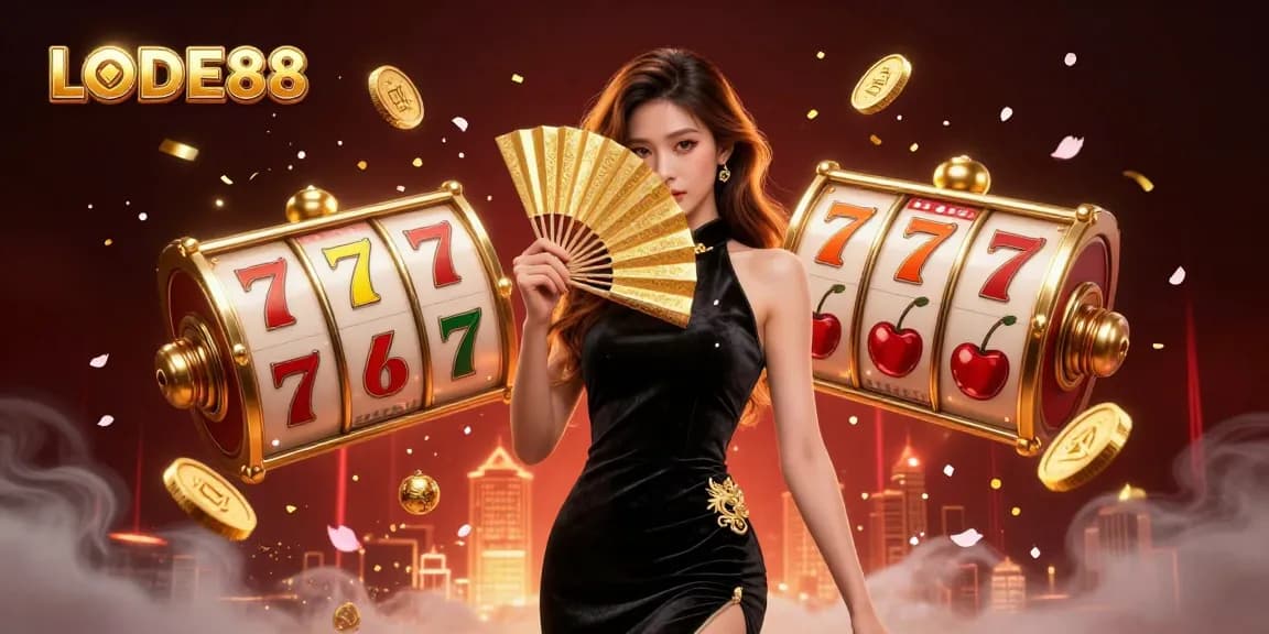Experience the excitement of LODE88 with spinning slot reels and stunning visuals in this captivating illustration.