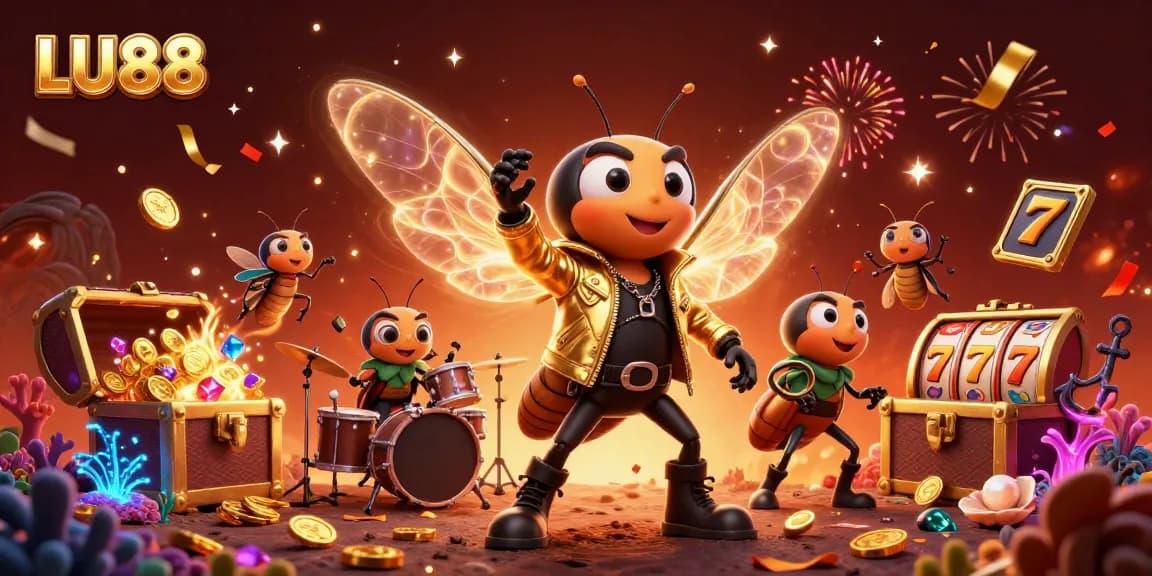 Experience the vibrant LU88 casino scene with cartoon characters amidst rich slot game elements.