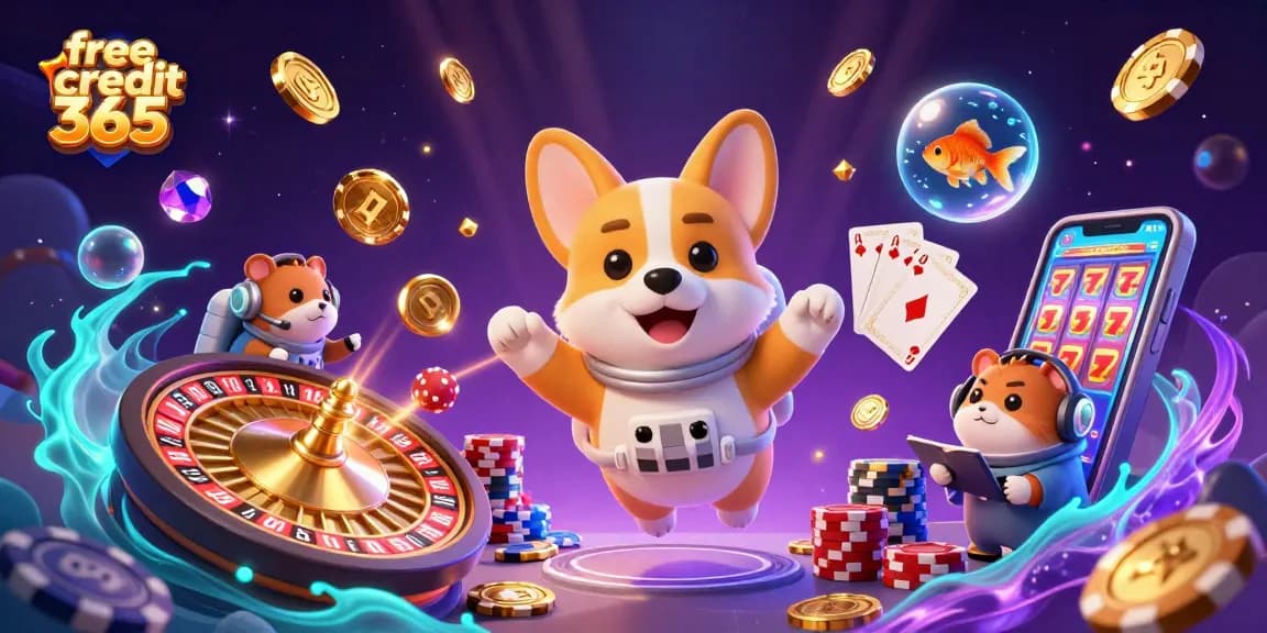 Experience free credit 365 casino excitement with a playful astronaut corgi in a dynamic gaming scene.
