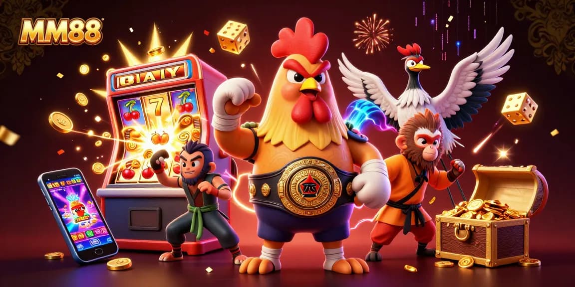 MM88 unleashes excitement with a dynamic 3D scene of gaming lucidity featuring casino elements and vibrant characters.