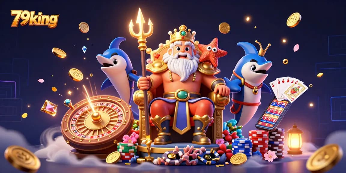 Experience thrilling gameplay at 79king with Neptune and vibrant casino elements in this dynamic scene.