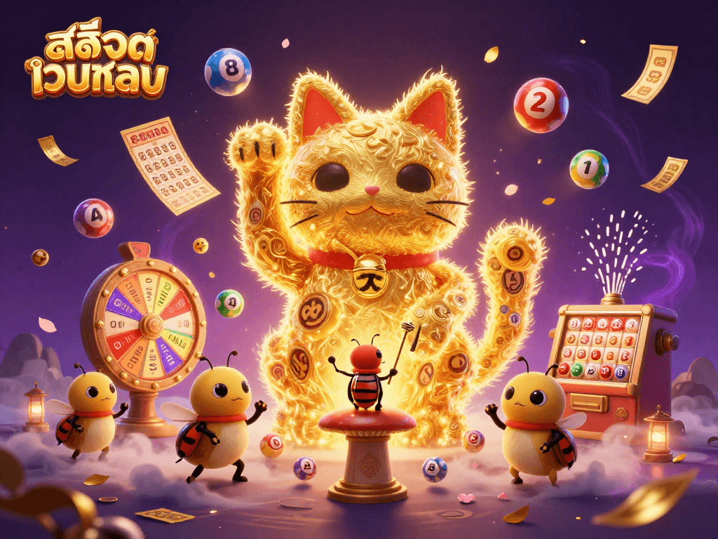 Experience สล็อตเว็บตรง with vibrant 3D illustrations of a lucky cat, lottery balls, and casino symbols.