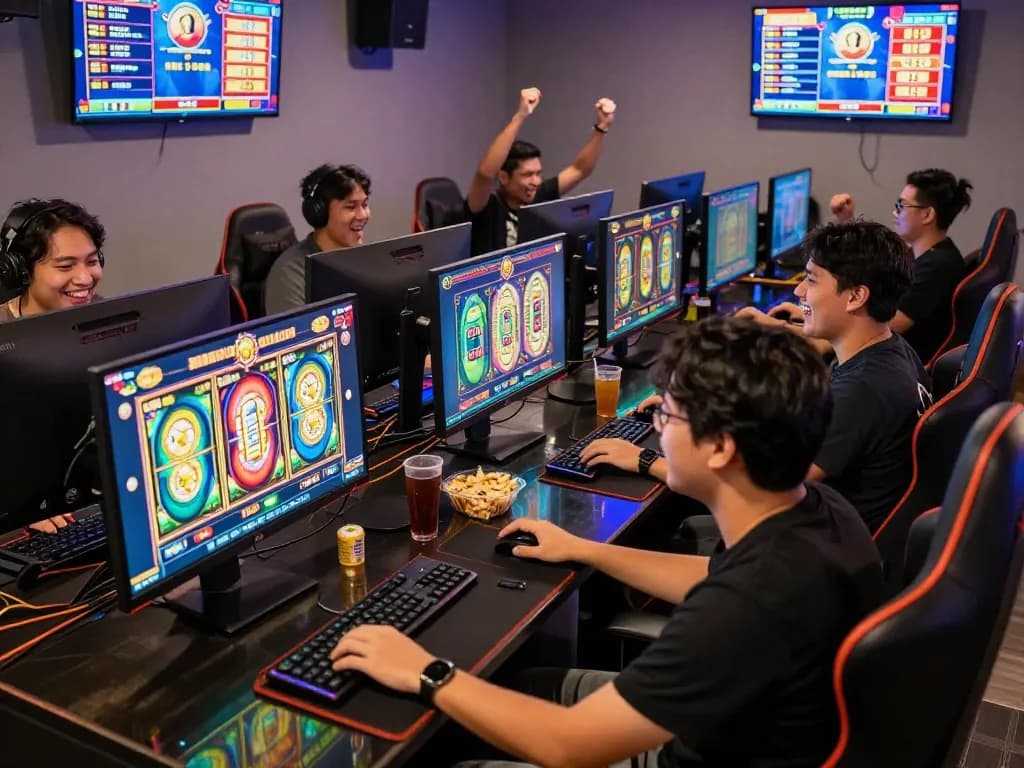 Sahabat menikmati sesi permainan yang meriah di lounge situs slot gacor dengan tampilan warna-warni.