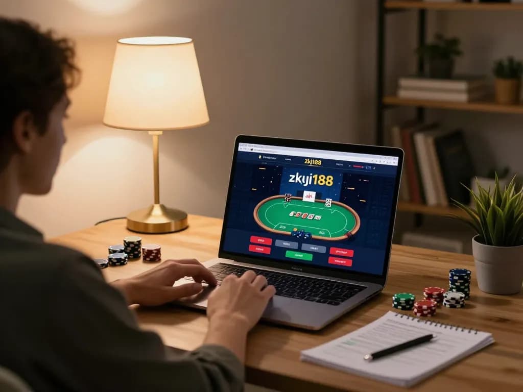 Player strategizing at home using the zkjj188 online casino platform on a laptop.