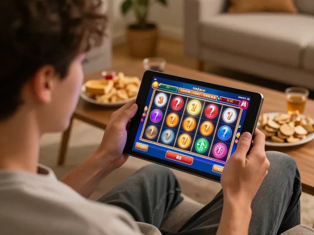 Pemain menikmati permainan slot yang mendebarkan di tablet di rumah, menampilkan grafik yang hidup dan kegembiraan.