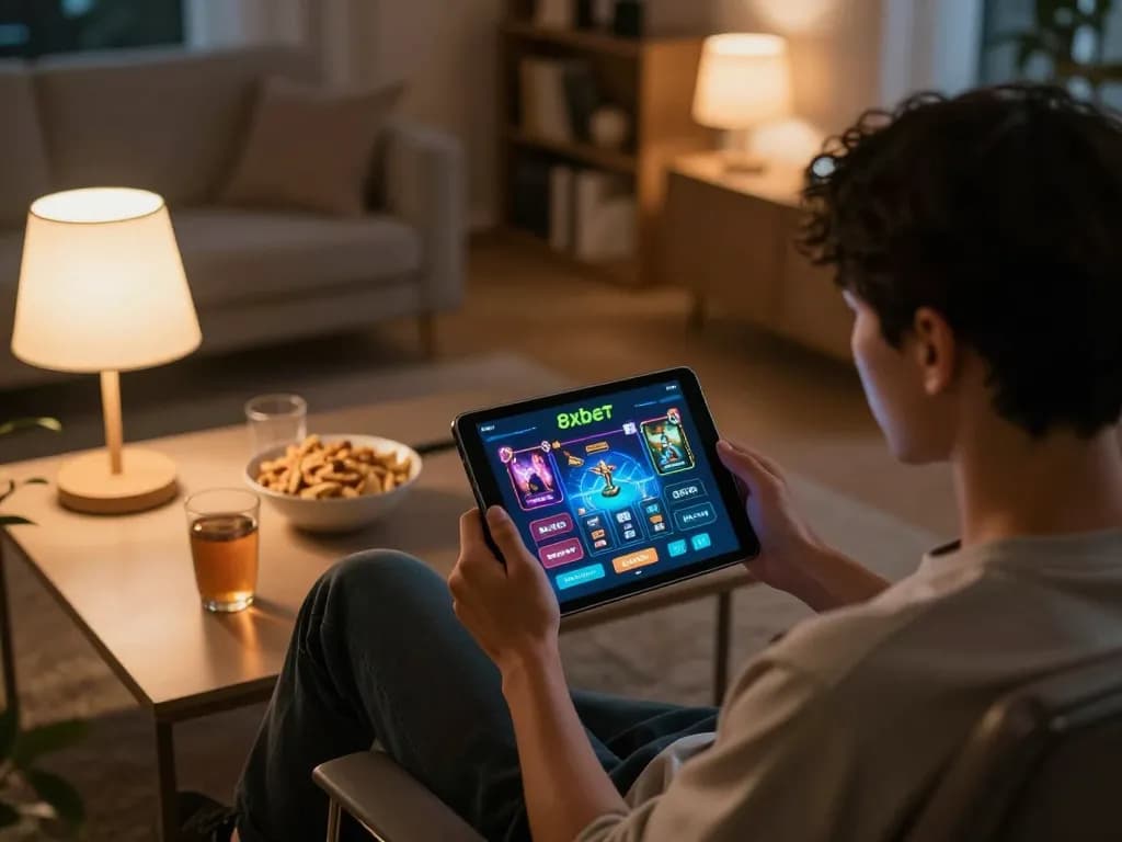 Engaging with the 8xbet app from a cozy home gaming setup, showcasing online entertainment.