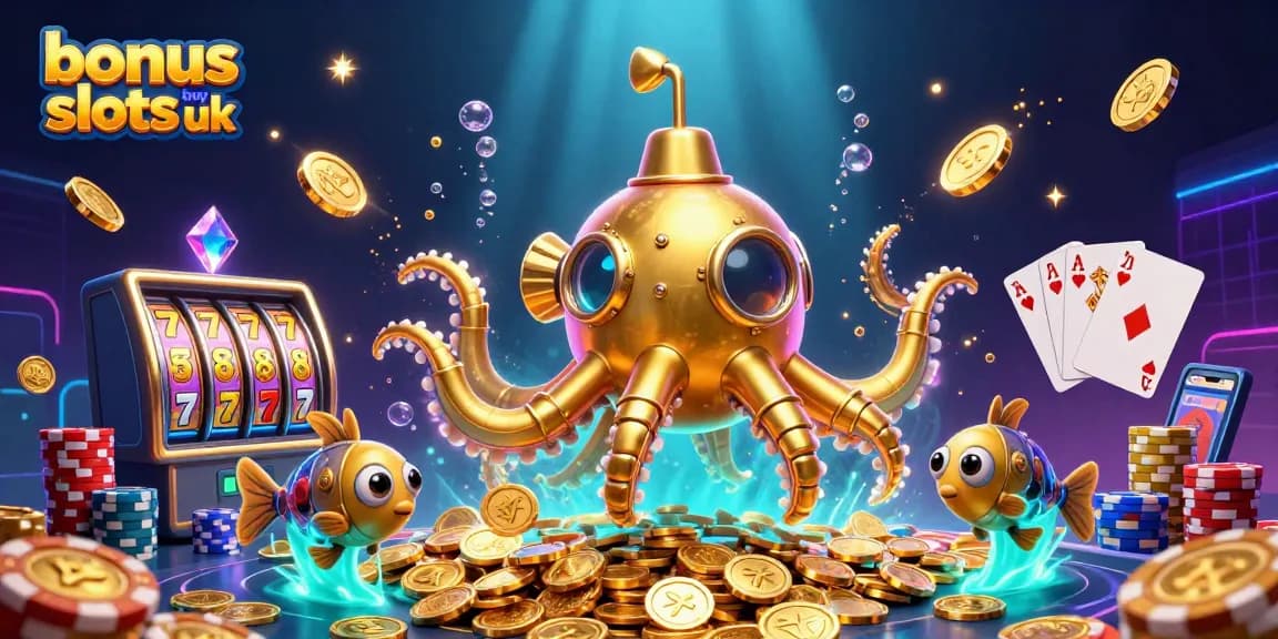 Experience thrilling gameplay with bonus buy slots UK, featuring vibrant illustrations of giant krakens and sparkling jewels.