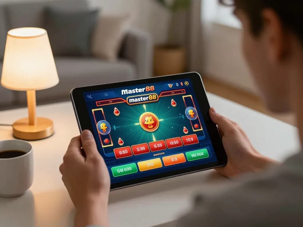 Pemain berinteraksi dengan permainan master88 di tablet di lingkungan rumah yang nyaman, menampilkan antarmuka kasino online yang vibrant.