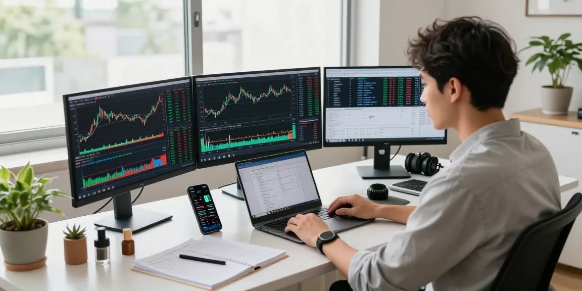 Traders melakukan analisis mendalam di workstation dengan fokus, kakakjudi, dan menggunakan beberapa layar untuk trading.
