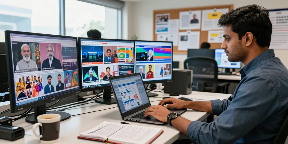 Newsroom activity at https://www.theindaily.com showcasing live updates on India's latest trends and stories.