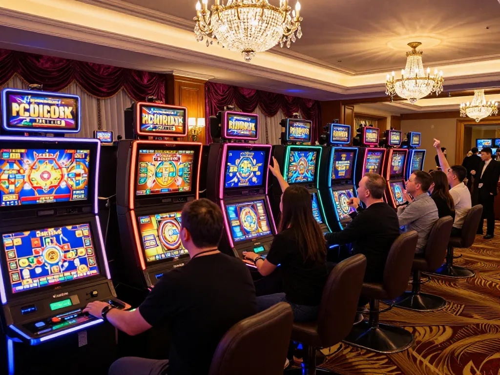 Players winning at Pragmatic Slot machines in a vibrant casino environment