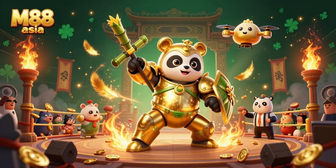 M88 asia showcases an energetic scene with a golden panda robot in a lively betting arena.