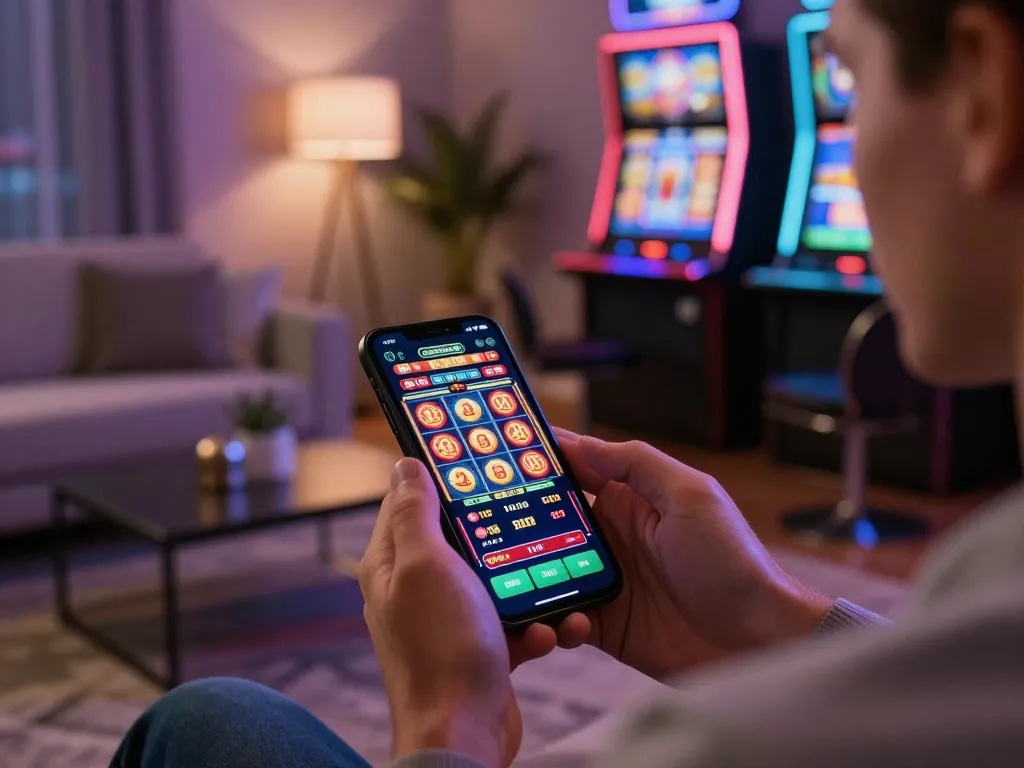 Player enjoying SC88 online casino app on smartphone, immersed in vibrant slot machine graphics