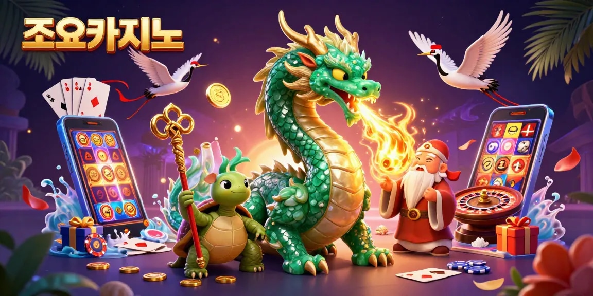 Experience the excitement with 조이카지노 in this vibrant casino scene featuring dragons, turtles, and 3D gaming.