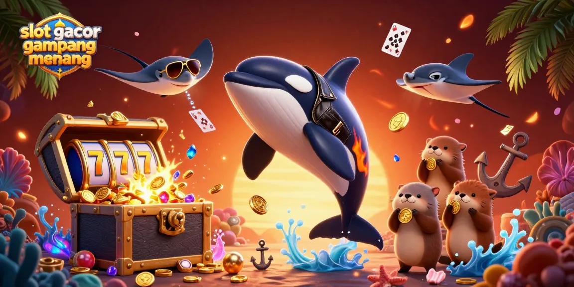 Engage with slot gacor gampang menang as cartoon characters jump into a vibrant casino underwater scene.