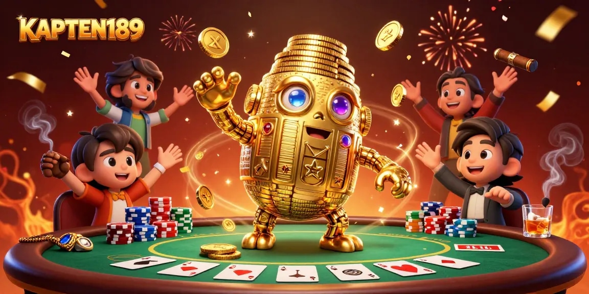 KAPTEN189 menghidupkan permainan slot online dengan karakter golem koin berkilau di kasino virtual.
