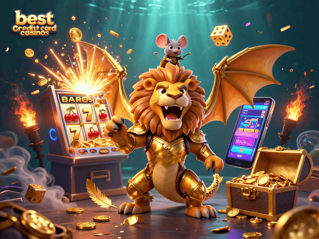 Experience the thrill with the best credit card casinos featuring vibrant scenes, slot machines, and dynamic game elements.