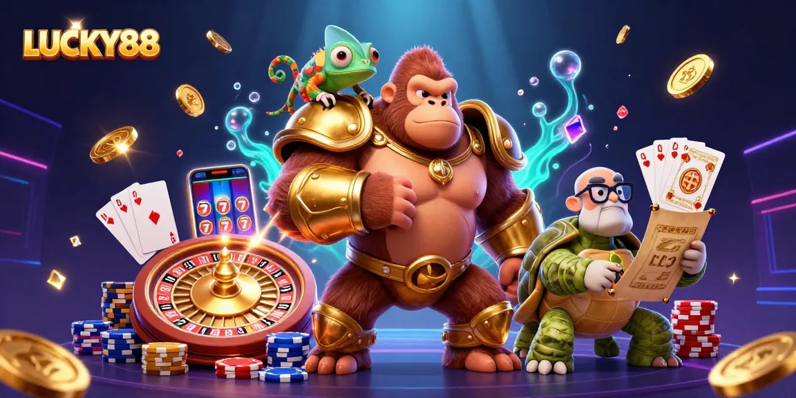 LUCKY88 showcases a vibrant 3D cartoon scene with creatures celebrating casino wins.