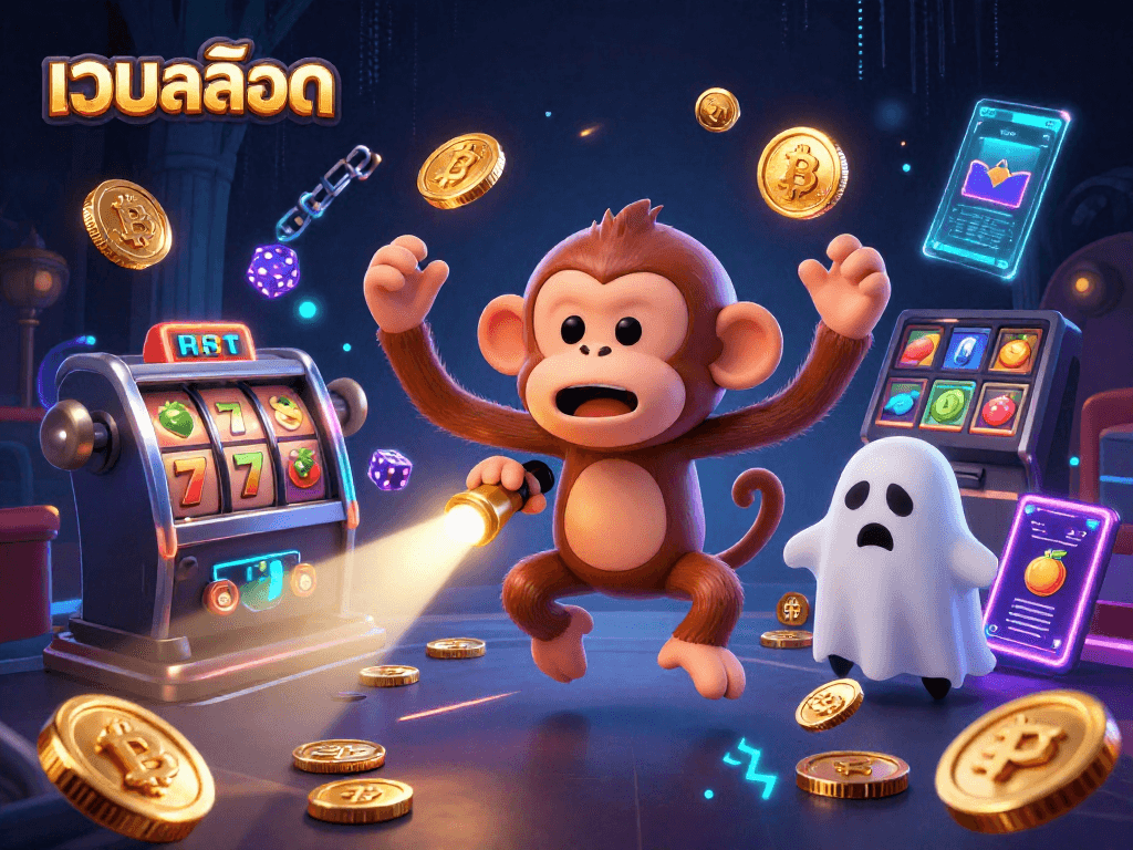Engage with เว็บสล็อต in an electrifying haunted casino scene featuring a mischievous poltergeist monkey and a ghost-hunter puppy.