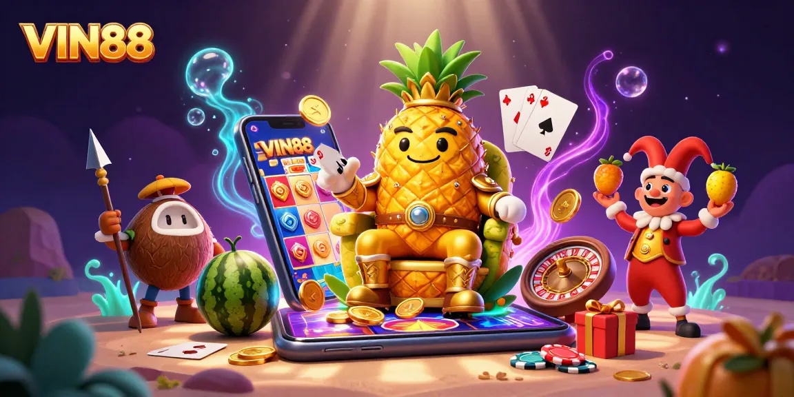 Spin to win with VIN88's vibrant 3D casino illustration featuring characters and gaming elements.
