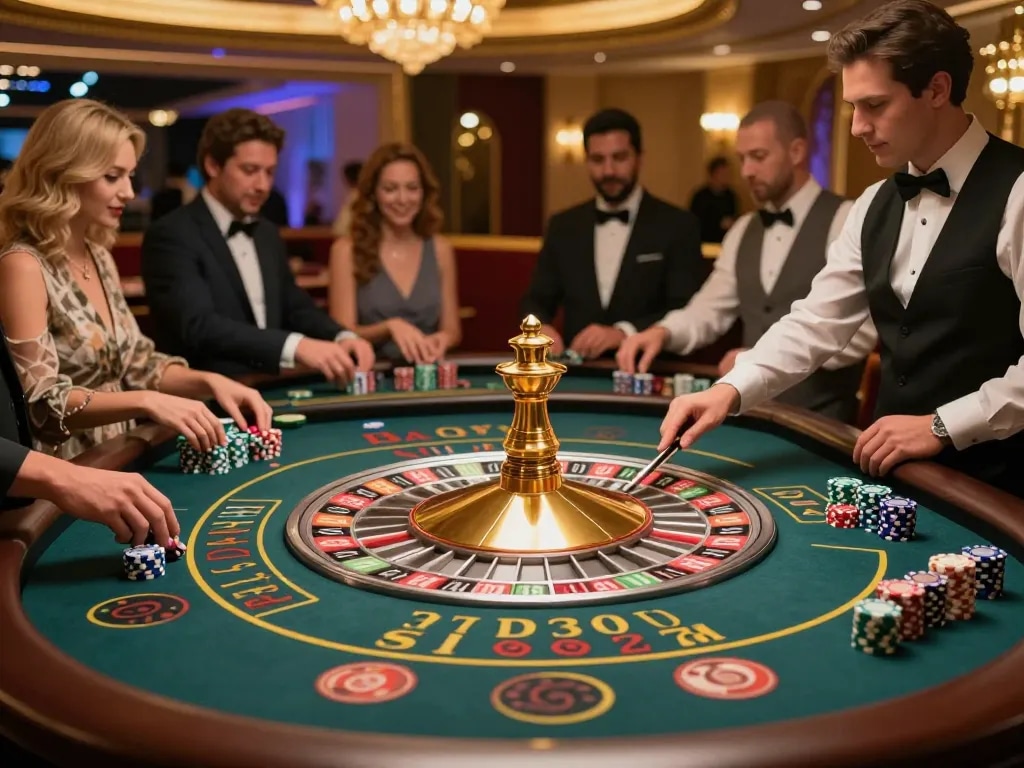 98wincom players placing bets at an elegant roulette table in vibrant casino atmosphere