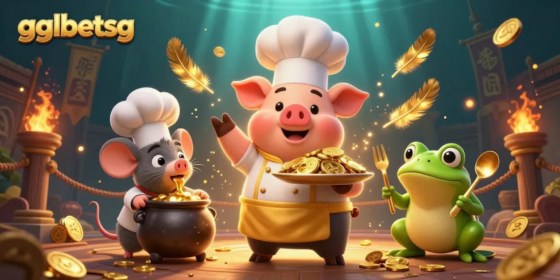 Bet on esports with gglbetsg: a chef pig, sous-chef mouse, and critic frog in an exciting scene.