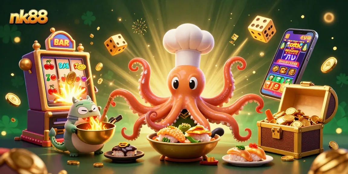 Engage in thrilling gameplay at nk88 with a vibrant 3D illustration showcasing dynamic casino elements.