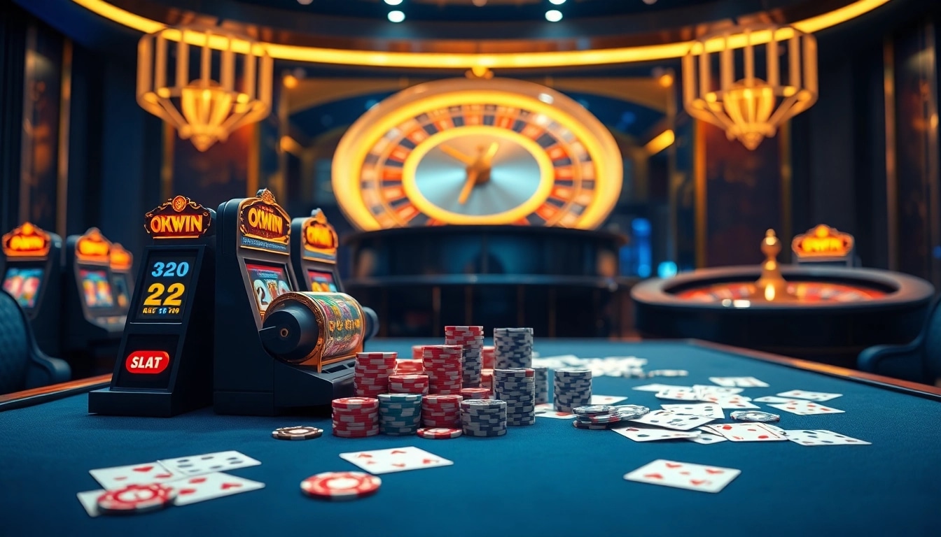 Experience the thrills of online gambling with Nhà Cái OKWIN's vibrant casino atmosphere featuring poker chips and slot machines.