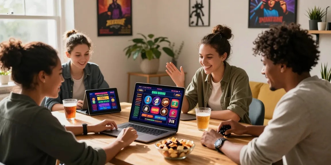 Friends exploring new online casinos in the UK together in a cozy home office.