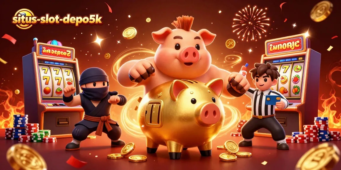 Sparking excitement, situs-slot-depo5k showcases a vibrant slot machine scene with lucky 7s and dynamic characters.