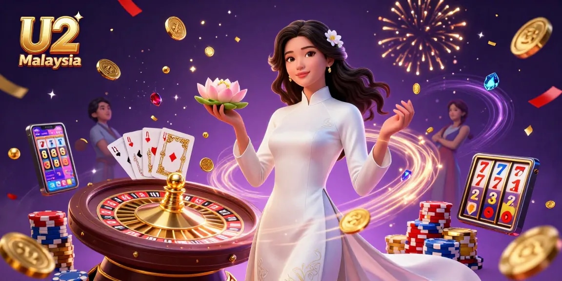 Experience thrilling gameplay with U2 Malaysia's slot machines, vibrant coins, and mesmerizing roulette wheel.