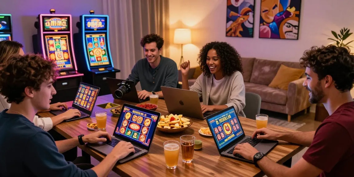 Engaged players enjoying bonus buy slots excitement on various devices in a cozy modern living room.