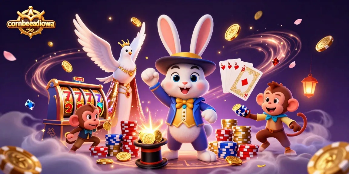 Spin to win with cornbreadiowa's 3D casino scene showcasing a joyful magician rabbit pulling golden coins.