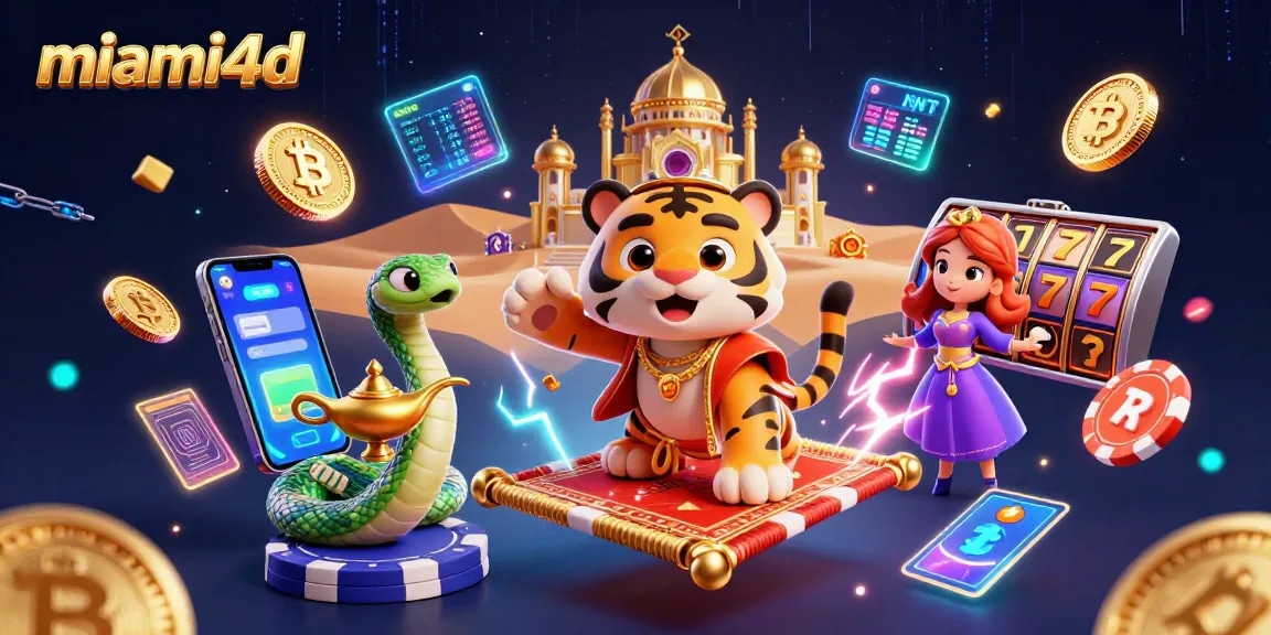 Experience the vibrant world of miami4d with a magical sultan and neon casino elements.